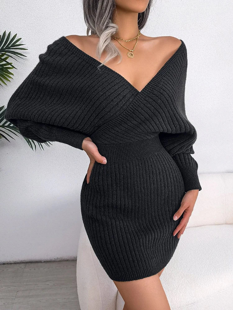 Sexy Knit Mini Dress with Long Batwing Sleeves