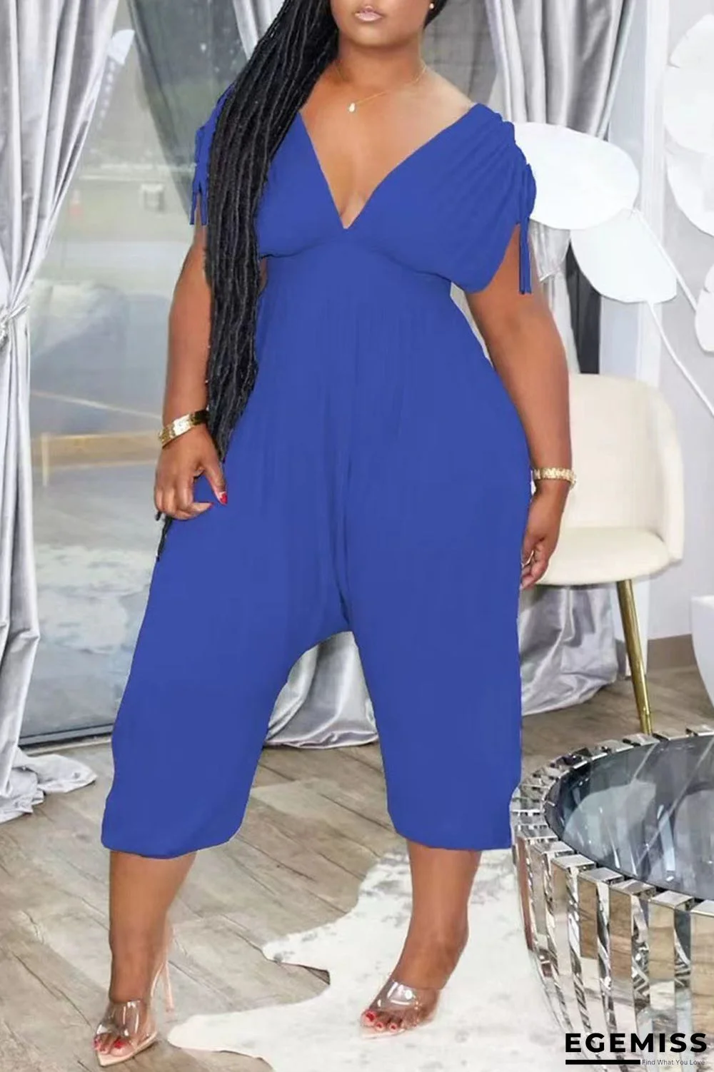 Blue Fashion Casual Solid Patchwork V Neck Plus Size Jumpsuits | EGEMISS