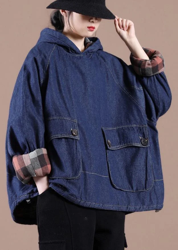 French Denim Blue Clothes For Women Hooded Pockets Oversized  Tops