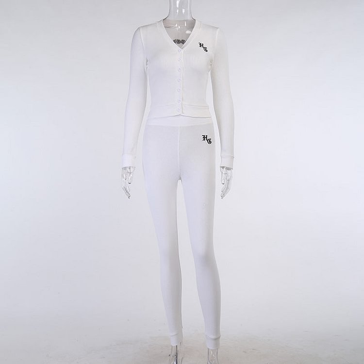 Long Sleeve Trousers Suit Simple Sexy Embroidered Knitted Cardigan Two-Piece Set