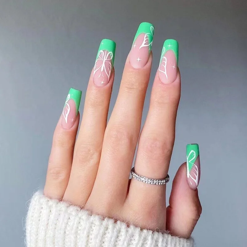 Churchf Blossoms Wearable Nail Art Long Ballet Green False Nails Fashion Detachable Finished Fake Nails Press on Nails with Glue-Nail Inspo