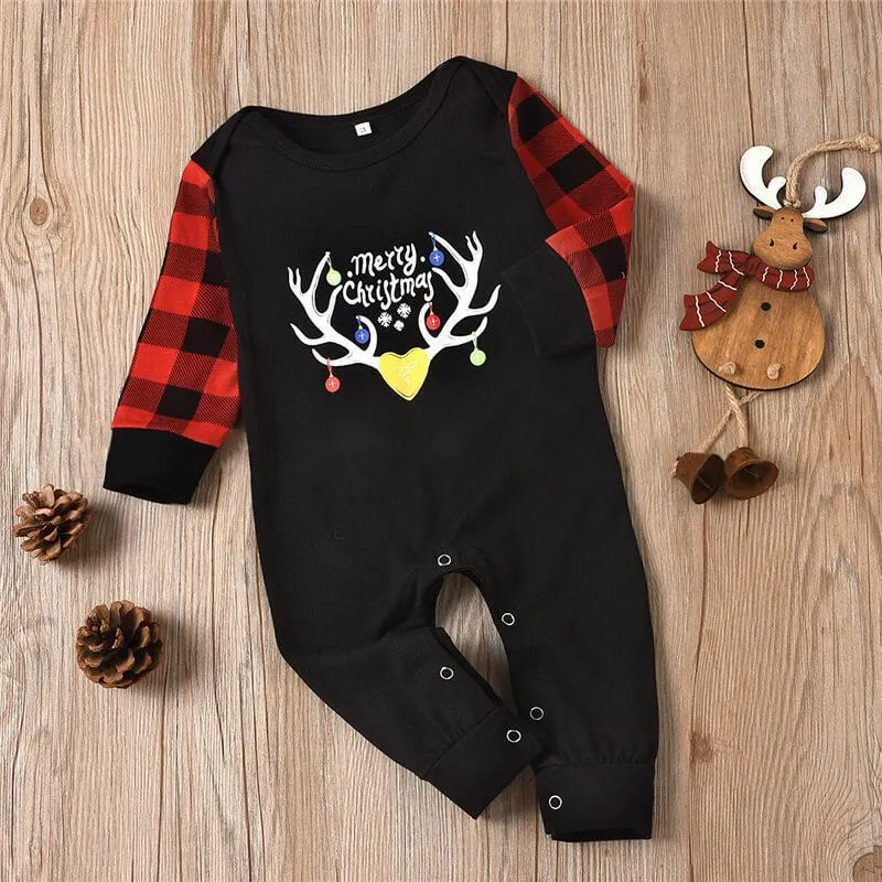 Merry Christmas Deer Antlers Print Red Plaid Family Matching Pajamas Sets