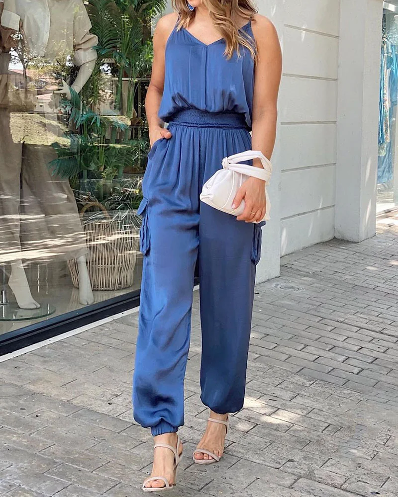 Suspender V-Neck Pocket Jumpsuit