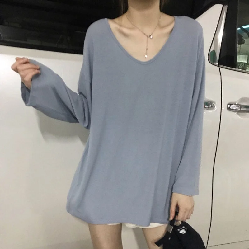 Korean Style Leisure Daily Loose T-shirt Women Long Sleeve V-Neck Solid Simple All-match Womens Kawaii Tees basic top T-shirts
