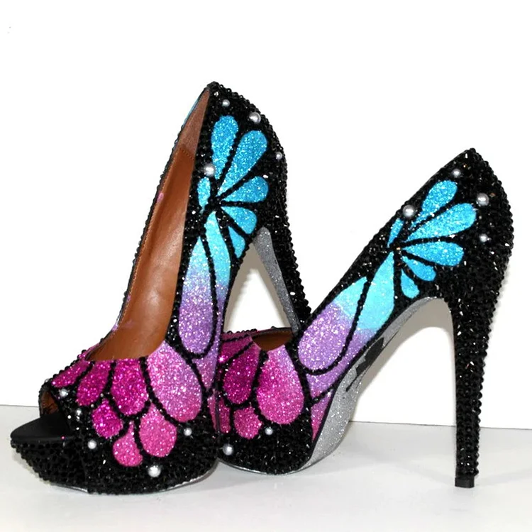 Multicolor Peep Toe Heels Elegant Rhinestones Pump Platform Shoes |FSJ Shoes