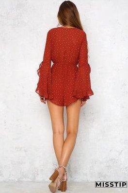 Summer Bohemian Wave Point V-Neck Print Jumpsuit