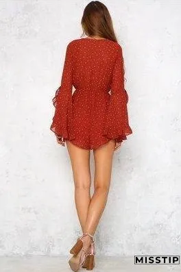 Summer Bohemian Wave Point V-Neck Print Jumpsuit