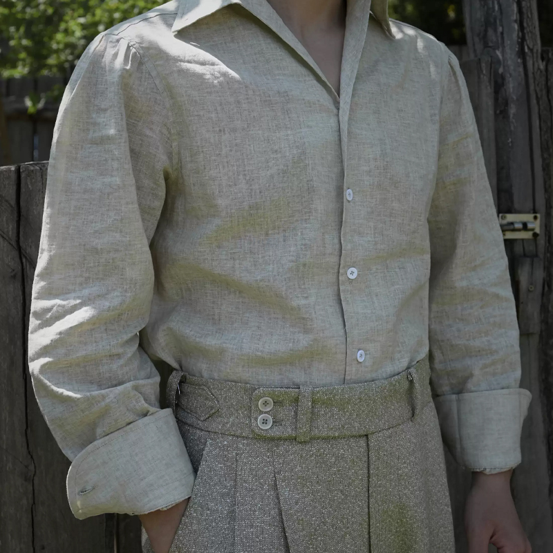 Men's Casual Light Khaki Cotton And Linen Cuban Collar Shirt