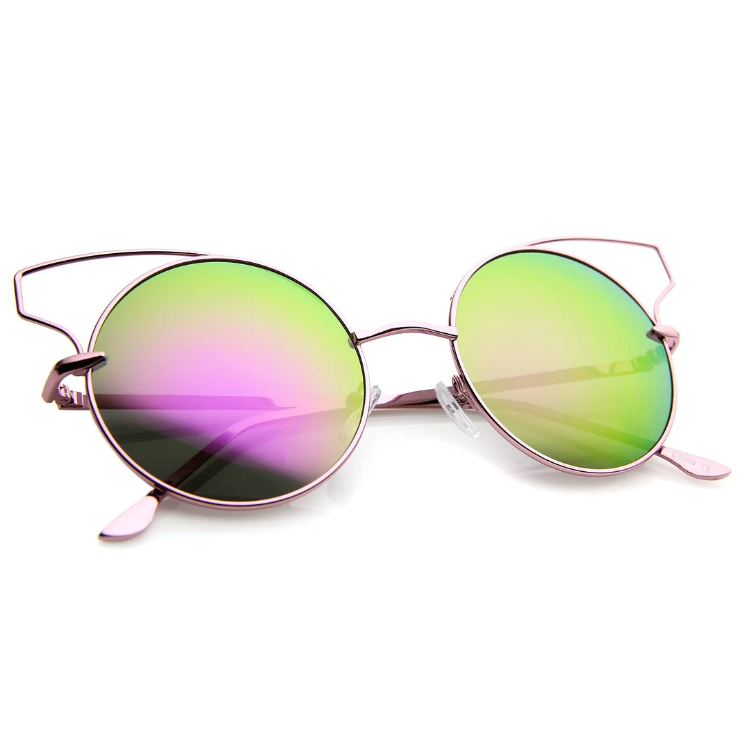 Women's Wire Open Metal Frame Color Mirror Lens Round Cat Eye glasses 52mm