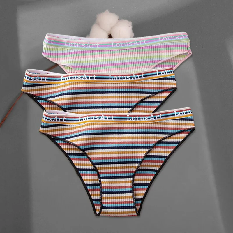 FINETOO 3Pcs/set Colorful Stripes Panties Women's Cotton Briefs M-XL Low-Rise Rainbow Underwear Ladies Underpants Girls Panties