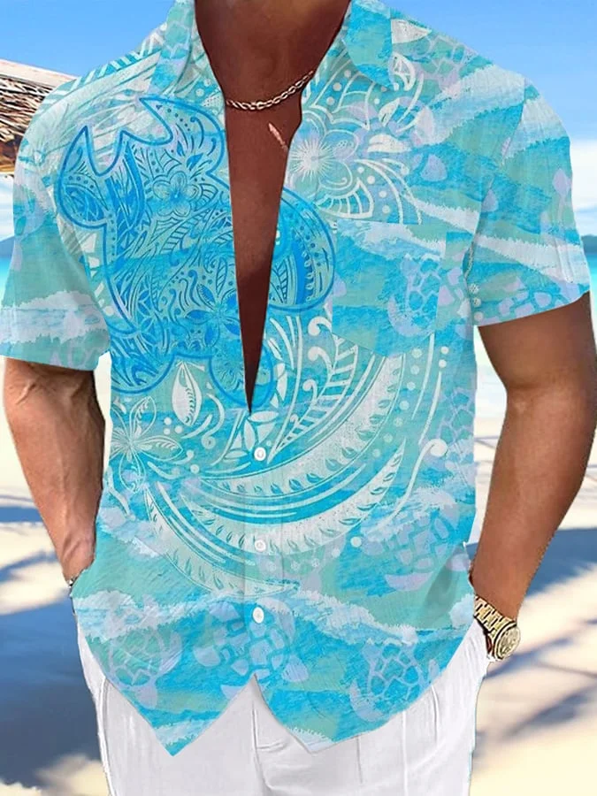 Men's Vacation Hawaii Turtle Print Casual Short Sleeve Shirt