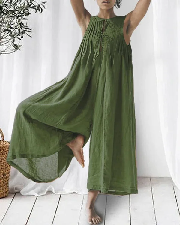 Casual Linen Loose Jumpsuit (Green In Stock)-