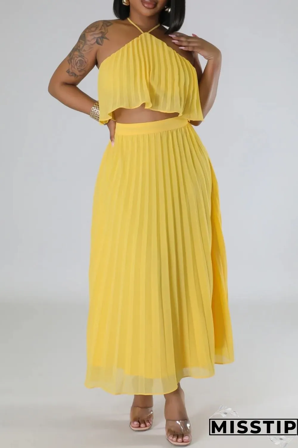 Mint green Casual Solid Bandage Backless Pleated Halter Sleeveless Two Pieces