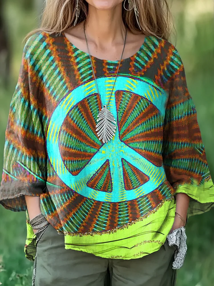 Women's Hippie Graphic Art Print Casual Cotton and Linen Shirt