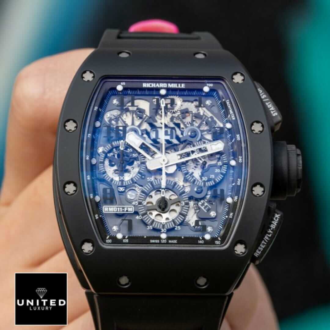 Richard Mille Black Bezel RM011-FM Replica front view on the hand