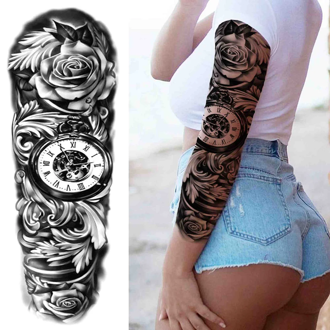 3D Large Flower Rose Temporary Tattoo For Women Men Black Fake Compass Warrior Tattoos Sticker Triangle Full Arm Sleeve Tatoos