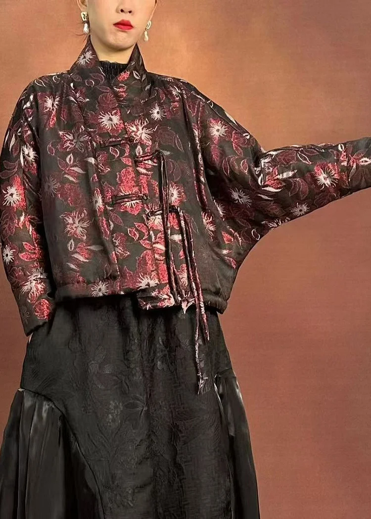 Fine Black Stand Collar Print Tassel Parka Winter