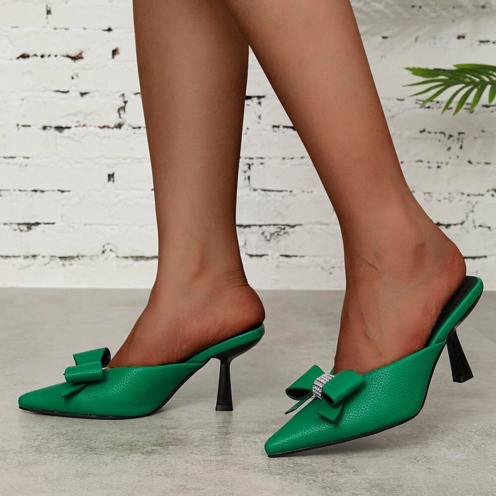 Green Pointed Toe High Heels Leather Bow Rhinestone Heels Flared  Heels Nicepairs