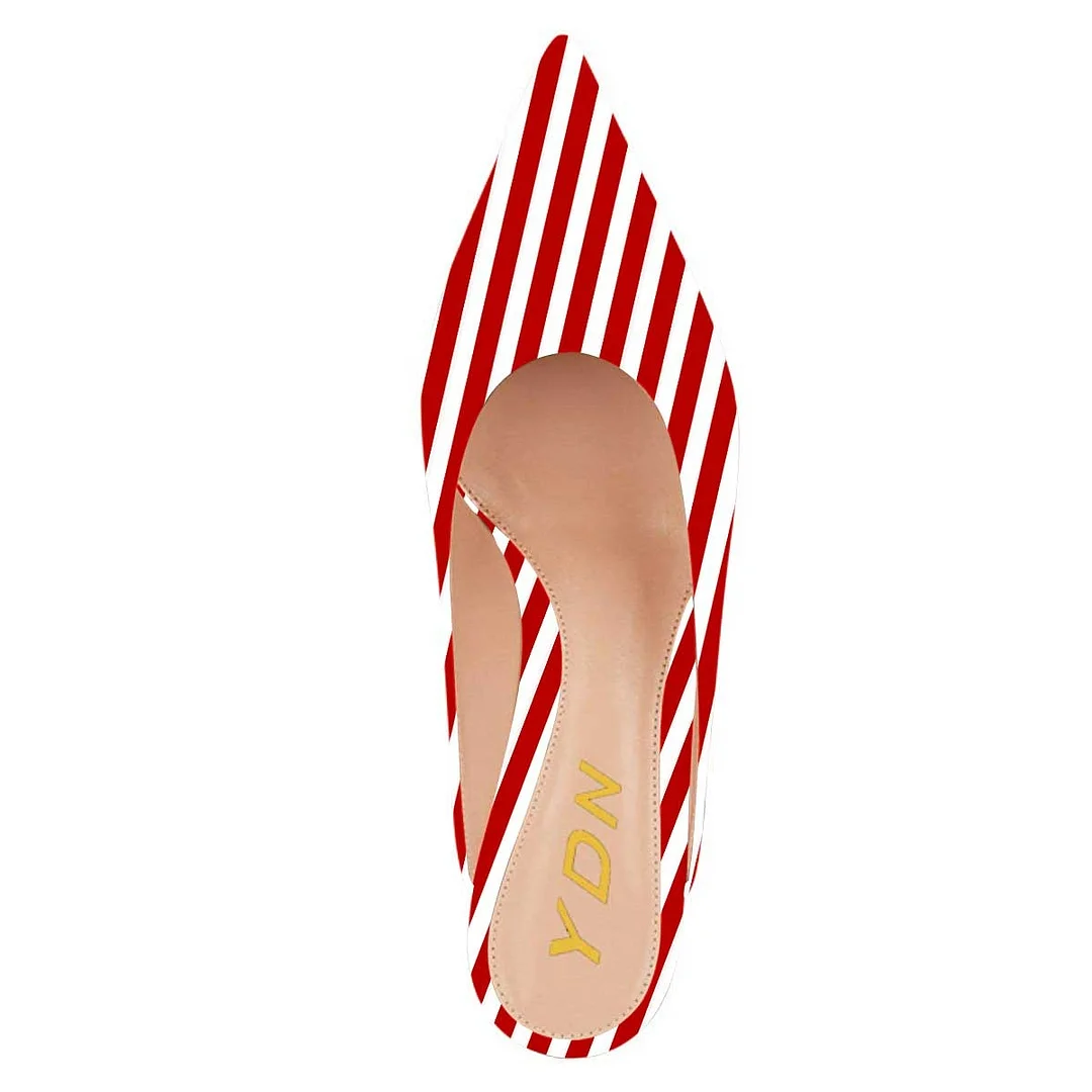 Red & White Stripes Pointed Toe Kitten Heel Slip-On Mules Shoes