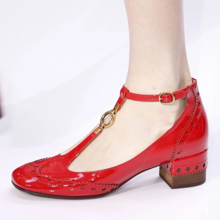 Red Patent Leather Vintage Pumps with Chunky Heels and T-Strap Vdcoo