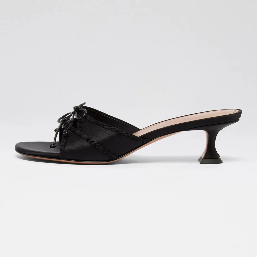 Black Satin Open Toe Kitten Heel Bow Mules Sandals for Women Nicepairs