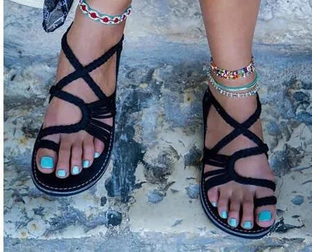 Plus Size Rope Knot Sandals Summer Flip Flops Casual Women's Shoes Flat Rome Sandals Women Comfort Strappy Beach Sandals