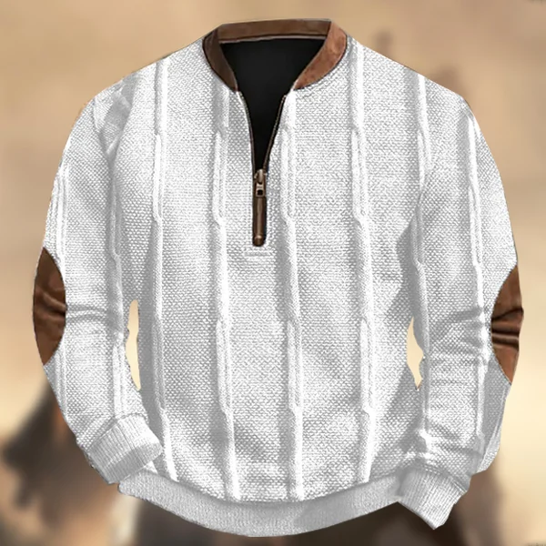 Men's Vintage Western Color Block Knitted Print Zipper Stand Collar Casual Sweatshirt
