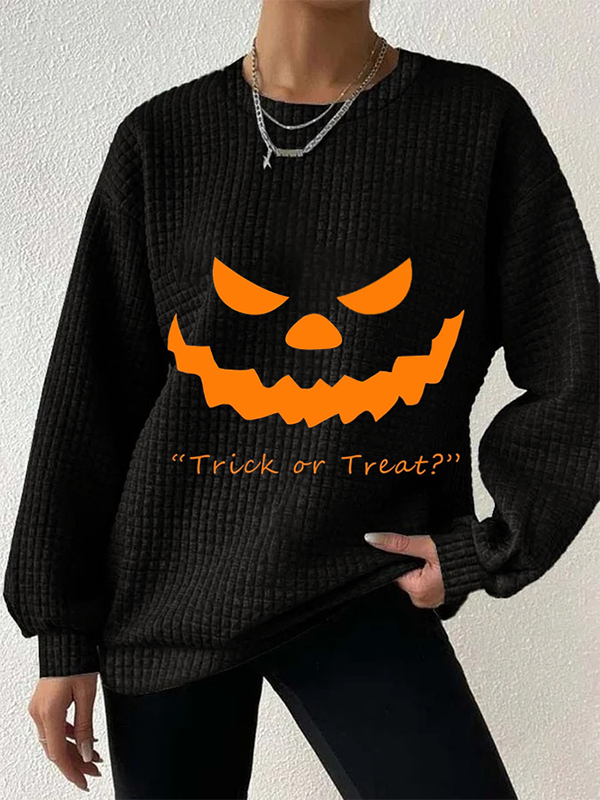 Women's Halloween Pumpkin Face Trick Or Treat Print Waffle Sweatshirt