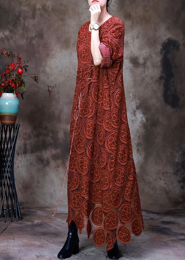 Vintage Orange Embroideried asymmetrical design Fall Dress Long sleeve