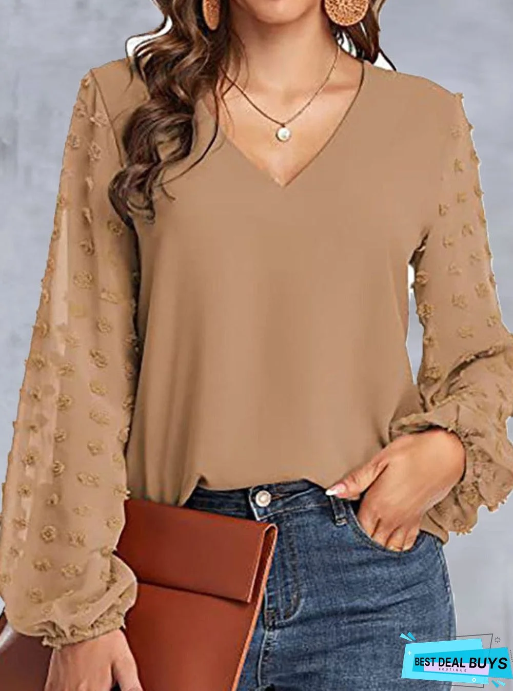 V-Neck Paneled Casual Long-Sleeve Blouse
