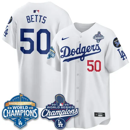Men's Los Angeles Dodgers #50 Mookie Betts White 2025 World Series Champions Jersey A6TA