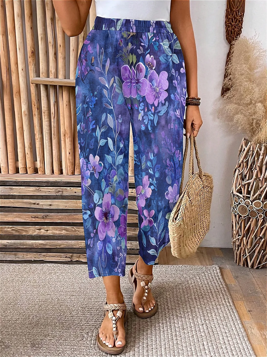 Plus Size Elastic Waist Purple,Floral,Bohemian Printed Pants