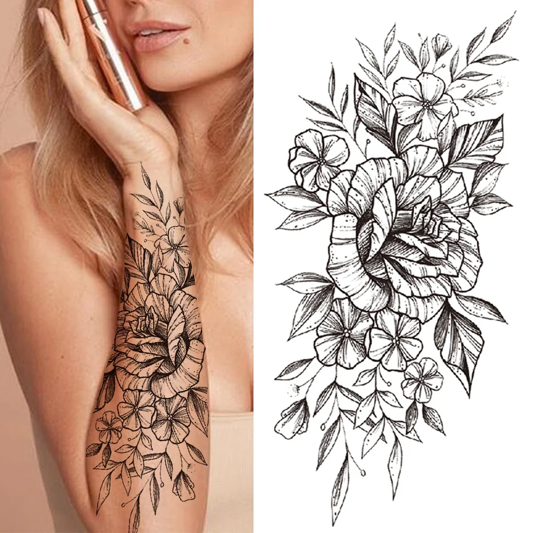 Black 3D Rose Temporary Tattoo For Women Girls Adult Peony Dahlia Flower Tattoos Sticker Black Flora Glory Geometric Arm Tatoos