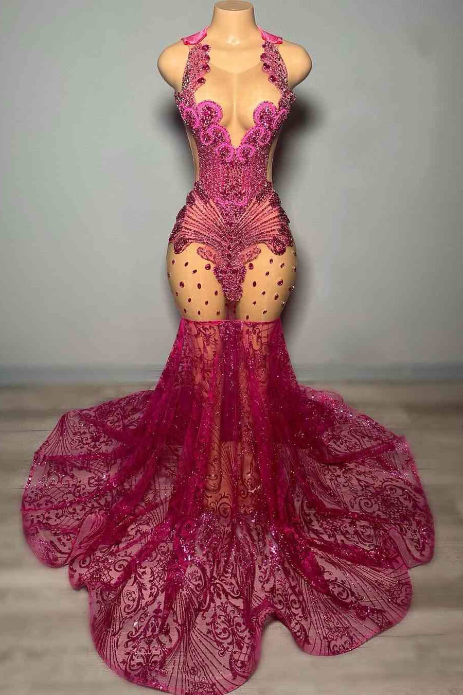 Stunning Fuchsia Sleeveless Prom Dress Mermaid Sequins Beadings Long - lulusllly