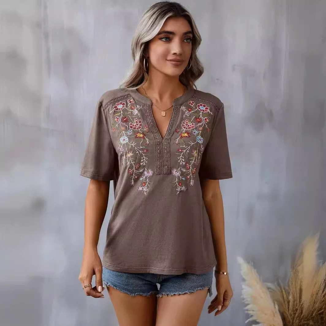 Women's Vintage Boho Casual Embroidered Stitching Lace Loose Blouses V-neck T-shirt