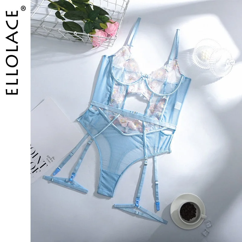 Ellolace Floral Sexy Hollow Out Bodysuit Lace Embroidery Transparent Underwire Bra Backless Lingerie Body Patchwork Bodycon Top