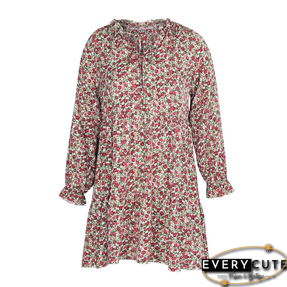 Pink Floral Print Lace-up Long Sleeve Dress