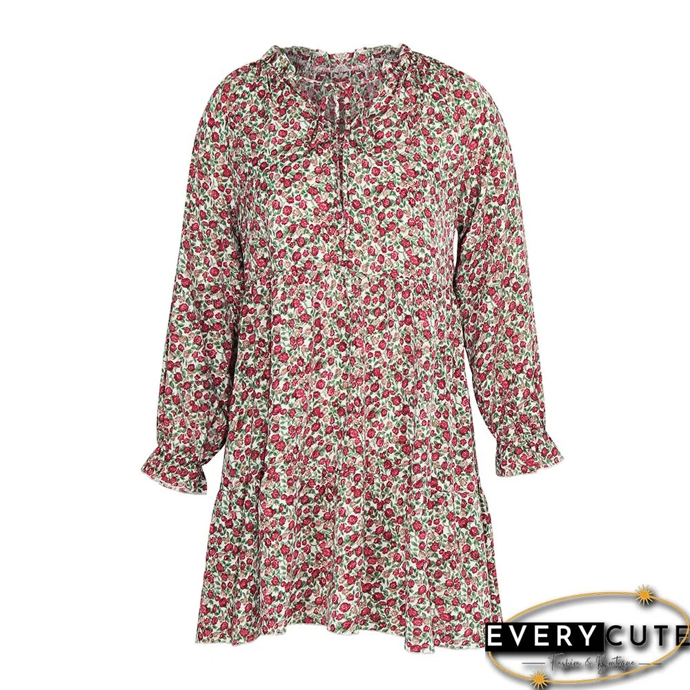 Pink Floral Print Lace-up Long Sleeve Dress