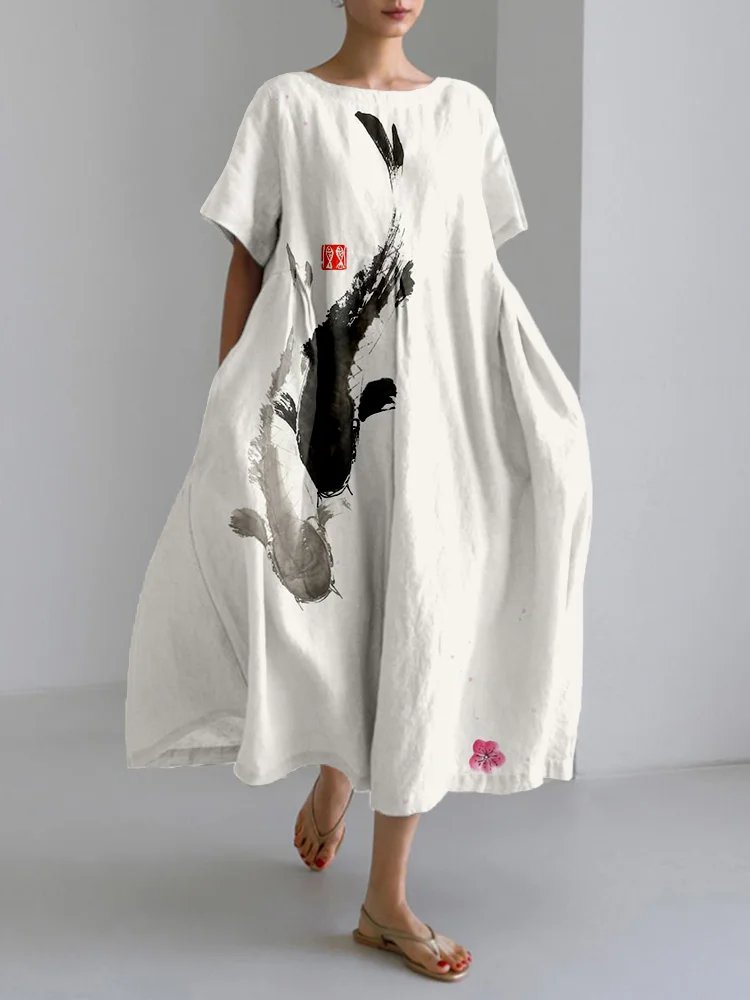 VChics Koi Fish Playing With Sakura Flower Art Linen Blend Maxi Dress