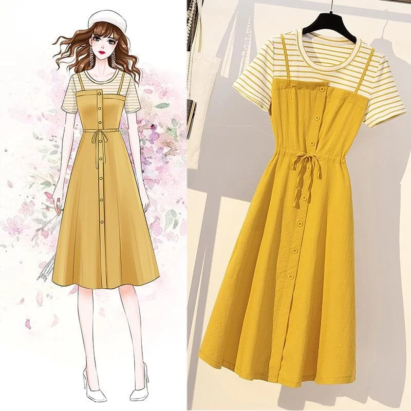 Yellow Stripe Button Laced Dress SP14075