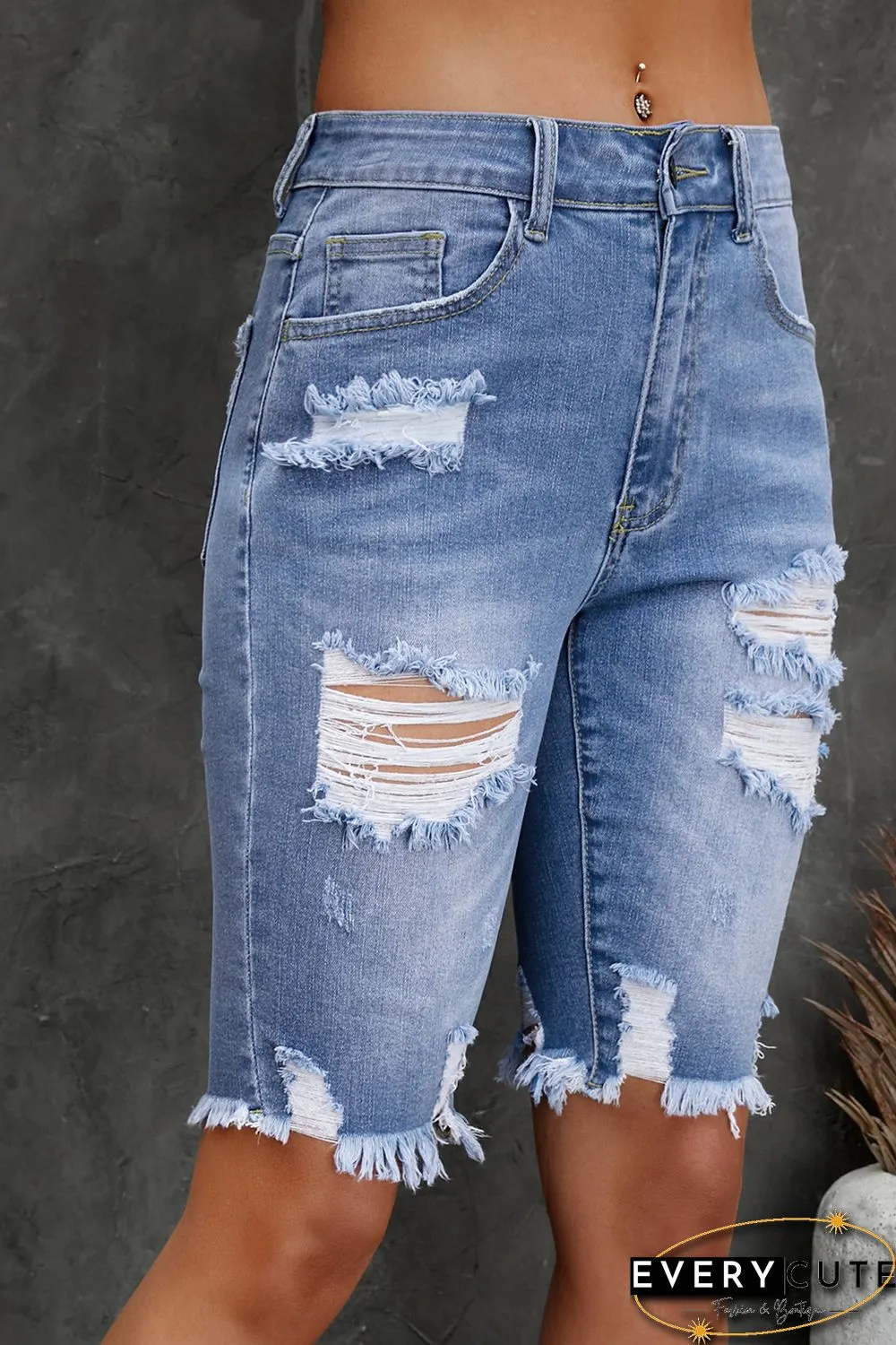 Sky Blue Ripped Tassel Bermuda Jean Shorts