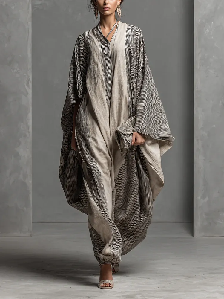 Bohemian Striped V-neck Loose-fitting Kaftan Maxi Dress