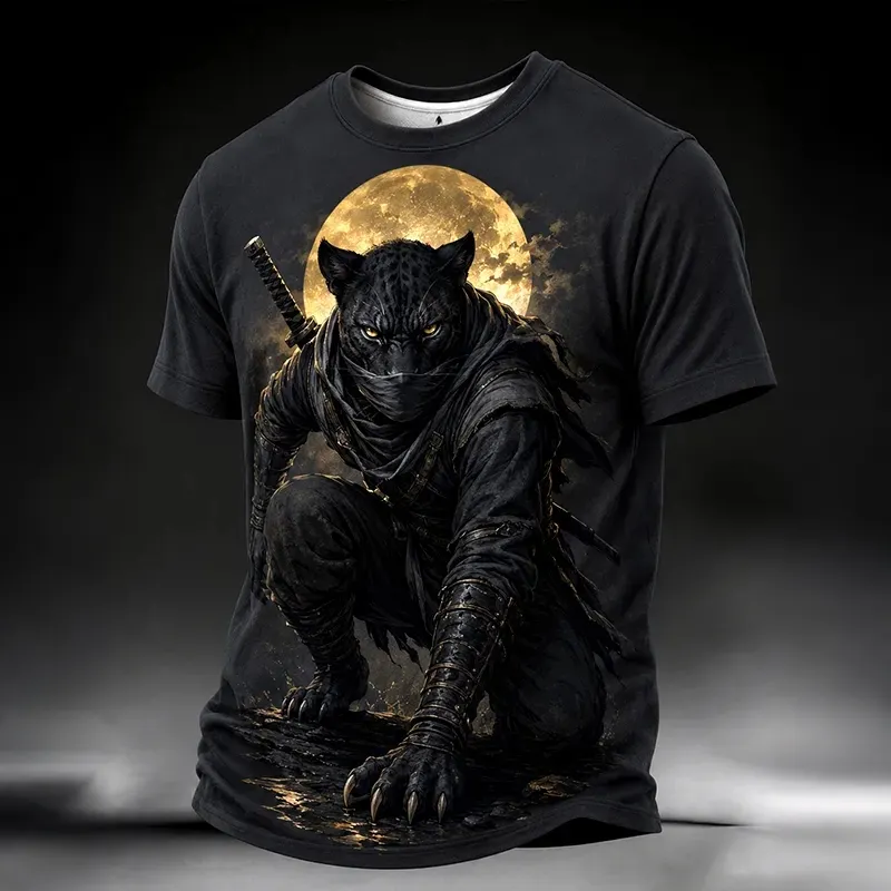 Men's Full Moon Night Black Panther Ninja Stealth Japanese Art Print T-shirt  artssus