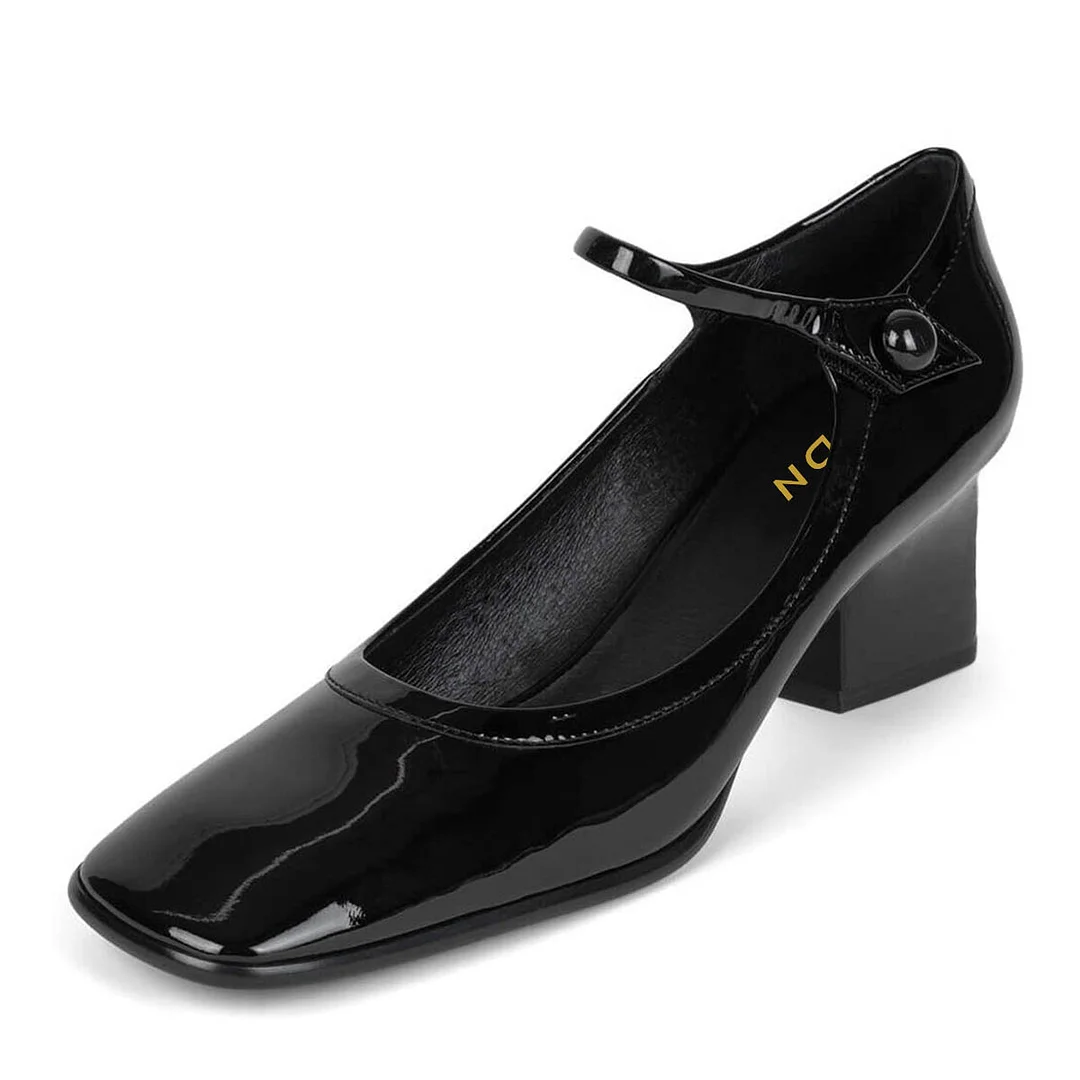 Simple Black Patent Leather Chunky Heel Square Toe Mary Jane Shoes