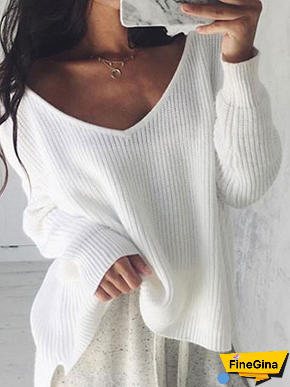 Loose V-neck Solid Color Knitted Sweater