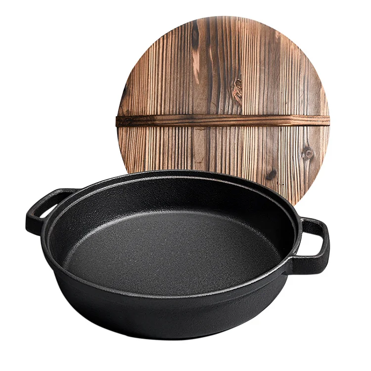 31cm Round Cast Iron Frying Pan with Wooden Lid