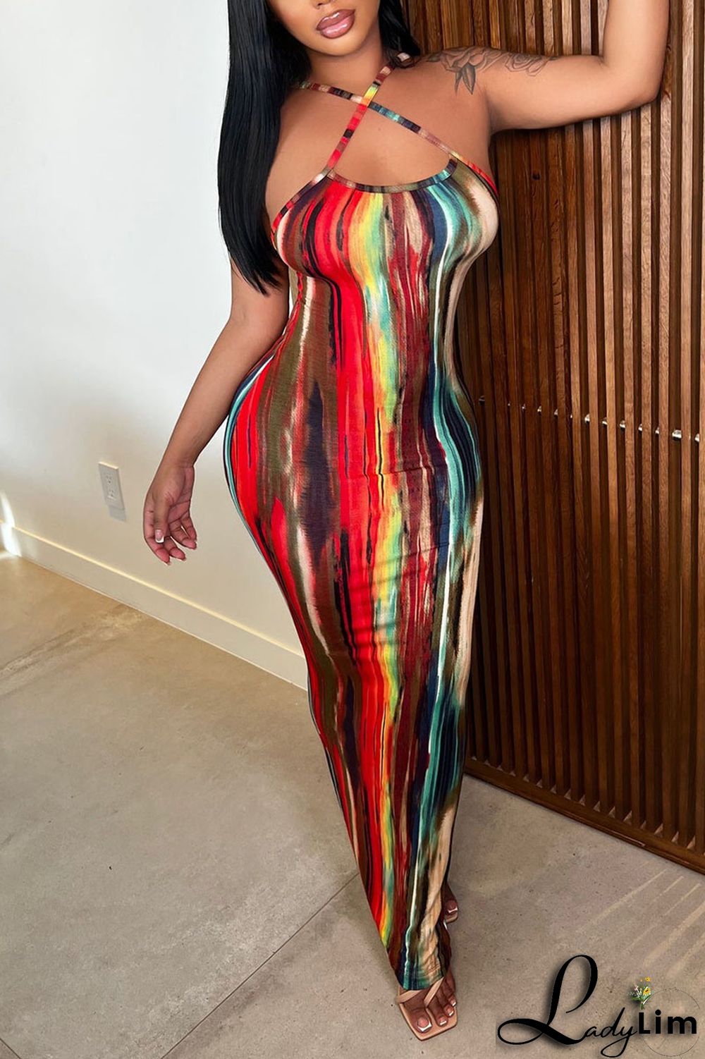 Red Sexy Print Split Joint Slit Spaghetti Strap One Step Skirt Dresses