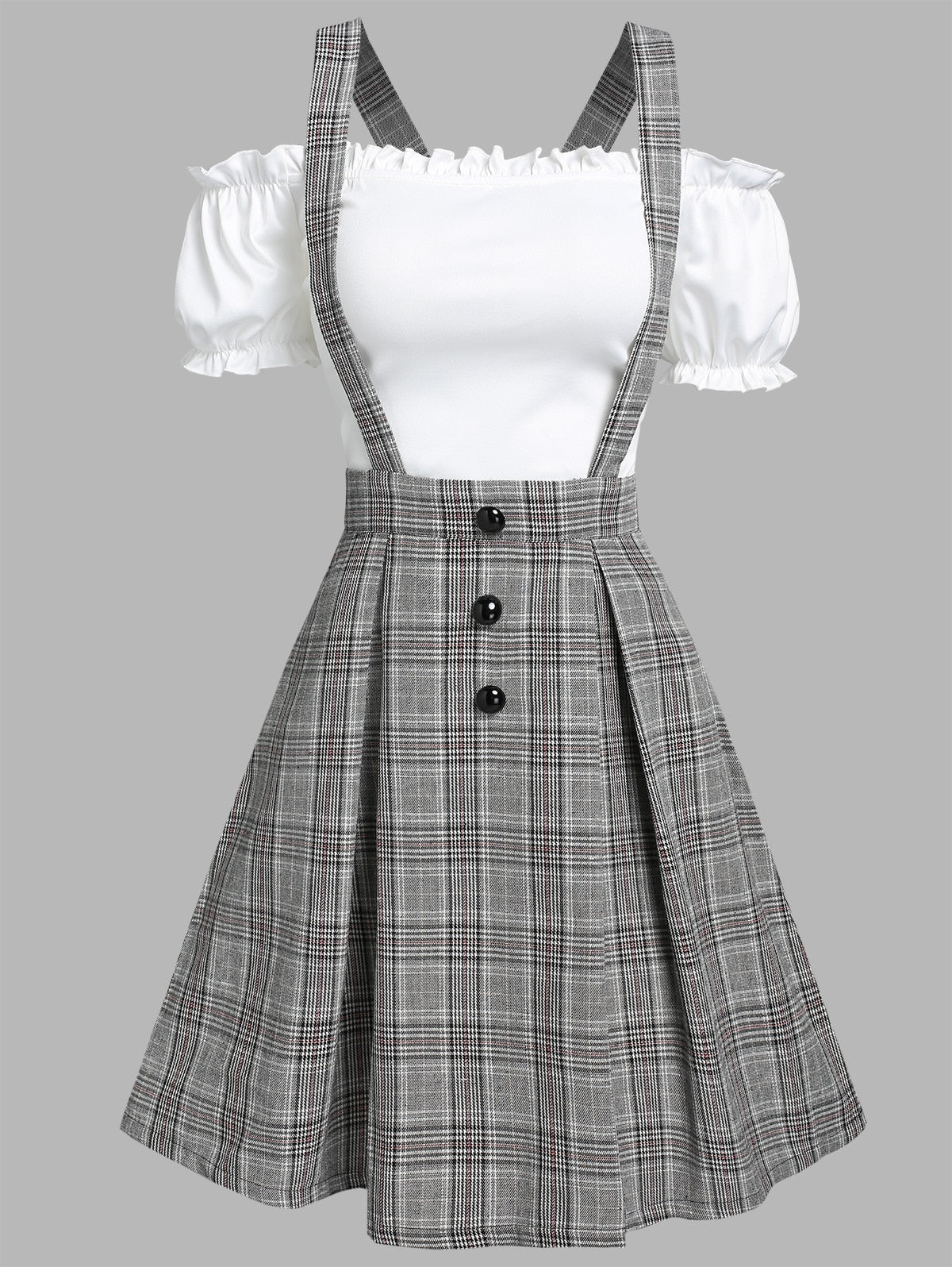Off The Shoulder Tee and Crisscross Plaid Suspender Skirt Set Two Piece Dress Top and Skirt Set LANFUBEISI