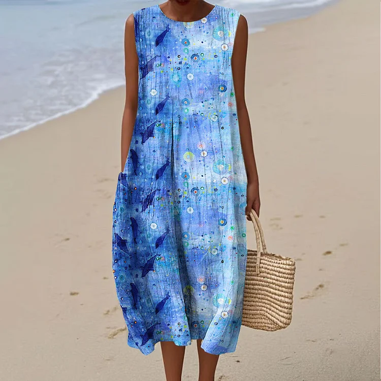 Women's Vintage Blue Ocean Art Print Sleeveless Cotton Pocket Wrap Dress
