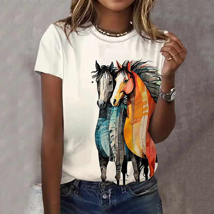 Women's Western Horse Print Crew Neck Casual T-shirt
